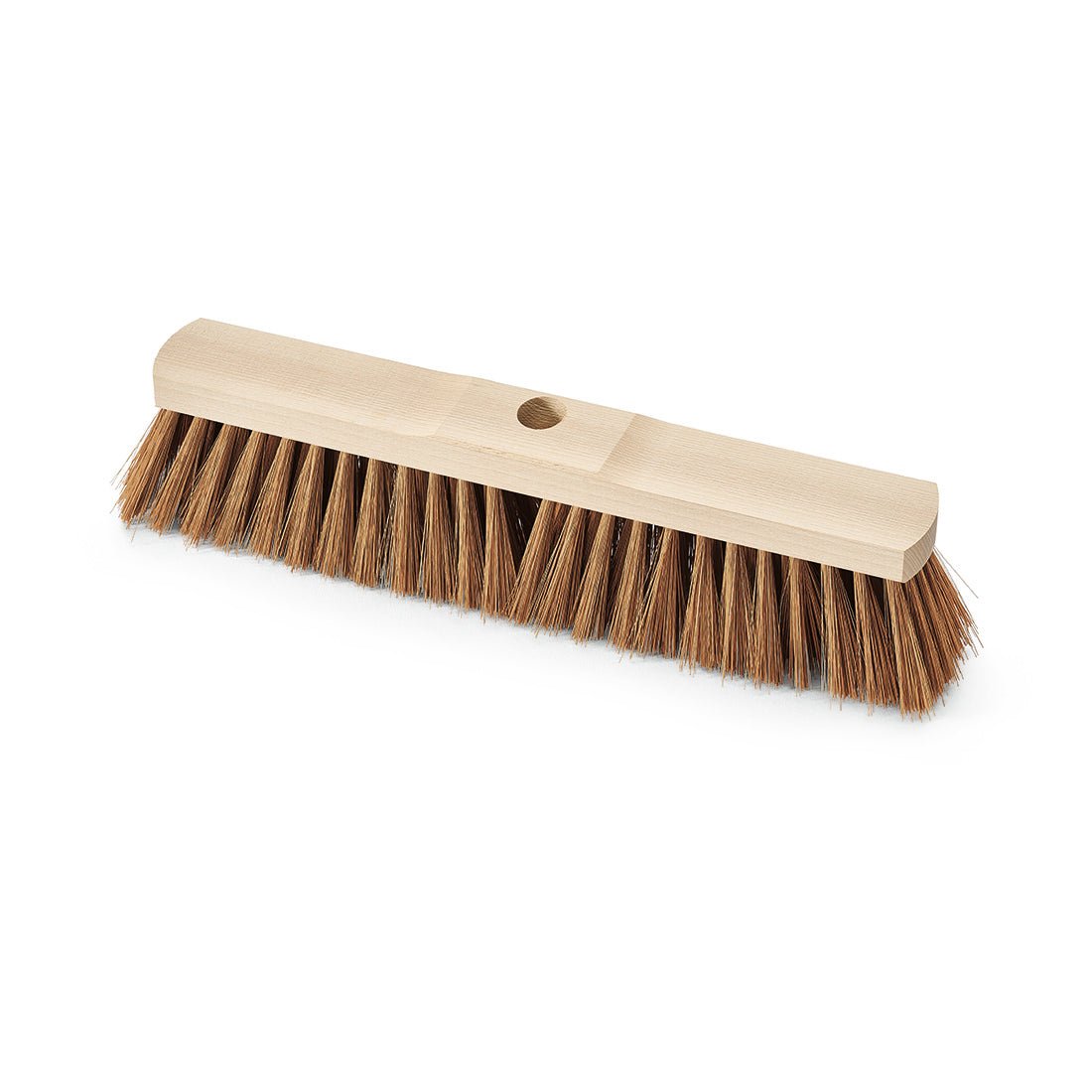 Le balai de salle Nölle Profi Brush en bois de selle Poly-Coco avec trou pour manche de Nölle Profi Brush Bürsten- & Pinseltechnik e.K. a des poils Poly-Coco marron denses et un trou central pour le manche, illustré sur fond blanc.