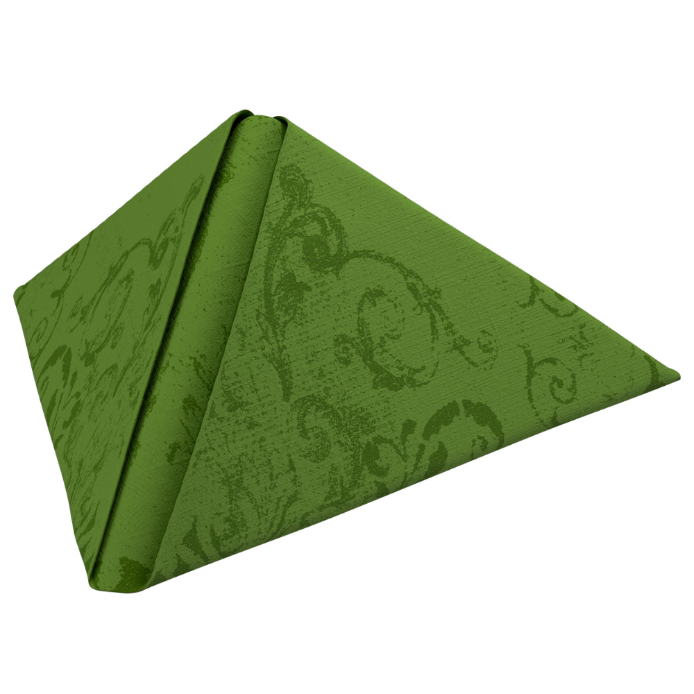 Cette serviette Dunilin®, fabriquée par la société Duni GmbH, mesure 40 x 40 cm, est élégamment pliée en forme de pyramide et présente un design opulent avec un motif tourbillonnant artistique.