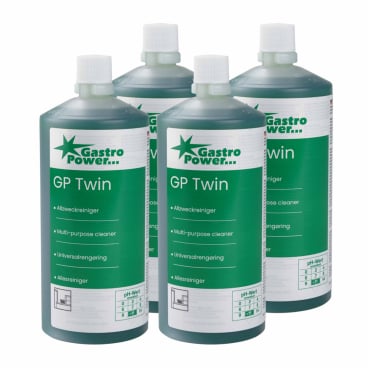 Quatre bouteilles Abena Re-Seller GmbH GastroPower GP Twin Nettoyant universel (325 ml, pack de 4, 1999915025) avec liquide vert et bouchons blancs sont disposées de manière claire - idéal comme nettoyant professionnel pour la gastronomie.