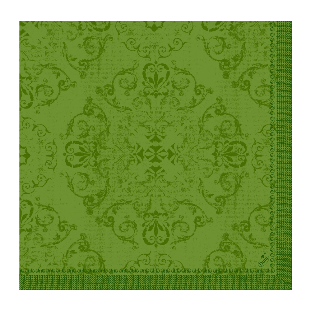 Une serviette Dunilin® de Duni GmbH au format 40 x 40 cm en vert avec un motif floral et ornemental artistique. Le design symétrique se distingue par des détails complexes, tandis que le bord présente un motif géométrique répétitif, incarnant ainsi un design opulent.