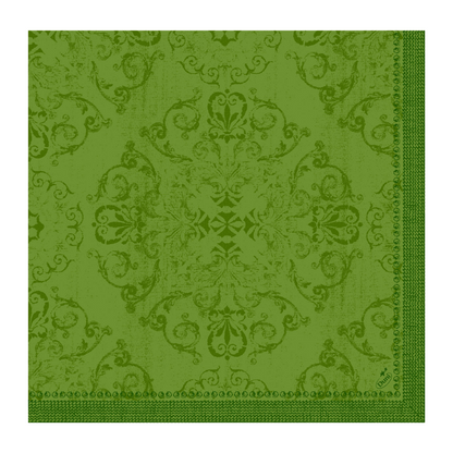 Une serviette Dunilin® de Duni GmbH au format 40 x 40 cm en vert avec un motif floral et ornemental artistique. Le design symétrique se distingue par des détails complexes, tandis que le bord présente un motif géométrique répétitif, incarnant ainsi un design opulent.
