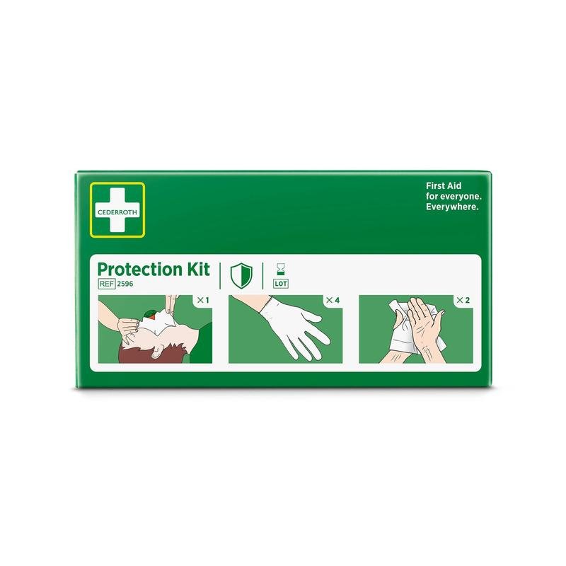 Une boîte verte avec l'inscription "Kit de protection" d'Orkla Wound Care AB contient un masque facial avec valve, quatre gants et des instructions pour un nettoyant pour la peau de sécurité. Le texte dit : "Premiers secours pour tous. Partout." L'emballage contient 1 pièce.