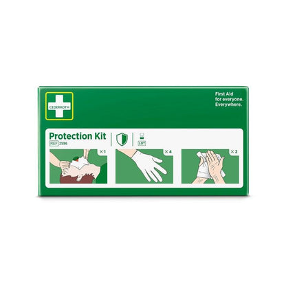 Une boîte verte avec l'inscription "Kit de protection" d'Orkla Wound Care AB contient un masque facial avec valve, quatre gants et des instructions pour un nettoyant pour la peau de sécurité. Le texte dit : "Premiers secours pour tous. Partout." L'emballage contient 1 pièce.