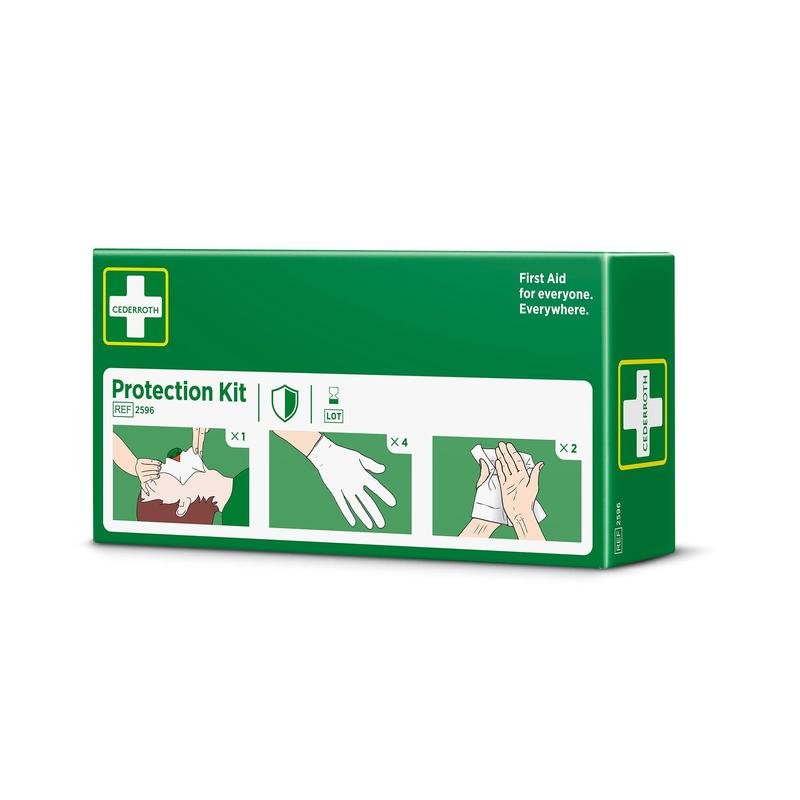 Une boîte de kit de protection verte d'Orkla Wound Care AB avec trois symboles : respiration bouche à bouche, utilisation de gants et tissu sur la main. Le texte dit "Premiers secours pour tous. Partout." et "Kit de protection". Contient des gants, un nettoyant pour la peau de sécurité et un masque avec valve à usage unique.