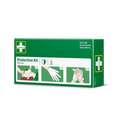 Une boîte de kit de protection verte d'Orkla Wound Care AB avec trois symboles : respiration bouche à bouche, utilisation de gants et tissu sur la main. Le texte dit "Premiers secours pour tous. Partout." et "Kit de protection". Contient des gants, un nettoyant pour la peau de sécurité et un masque avec valve à usage unique.