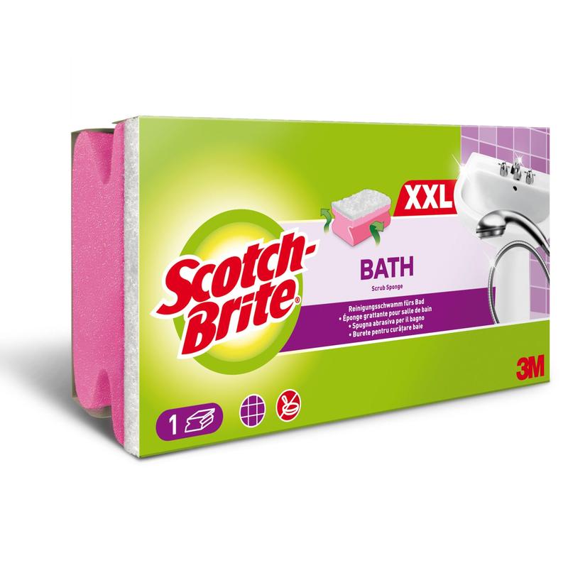 Un paquet d'éponge à poignée Scotch-Brite® Bath XXL pour la salle de bain (1 pièce) de 3M Deutschland GmbH, illustré avec une éponge de bain rose et blanche, des détails de produit, des symboles d'application, un emballage vert-violet et le logo 3M en bas à droite.
