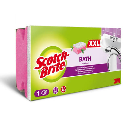 Un paquet d'éponge à poignée Scotch-Brite® Bath XXL pour la salle de bain (1 pièce) de 3M Deutschland GmbH, illustré avec une éponge de bain rose et blanche, des détails de produit, des symboles d'application, un emballage vert-violet et le logo 3M en bas à droite.
