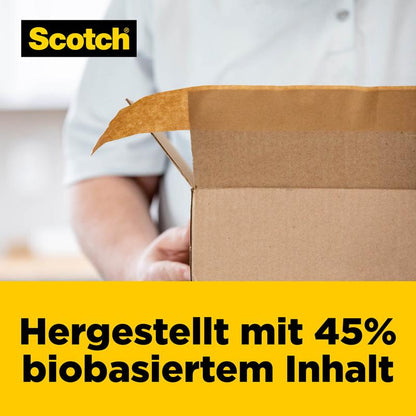 Une personne tient un carton ouvert. En haut à gauche, on voit le logo 3M. Une bannière jaune en bas indique : "Fabriqué avec 45 % de contenu biosourcé." Parfait pour le ruban d'emballage en papier Scotch® Box Lock™, 48 mm x 22,8 m.