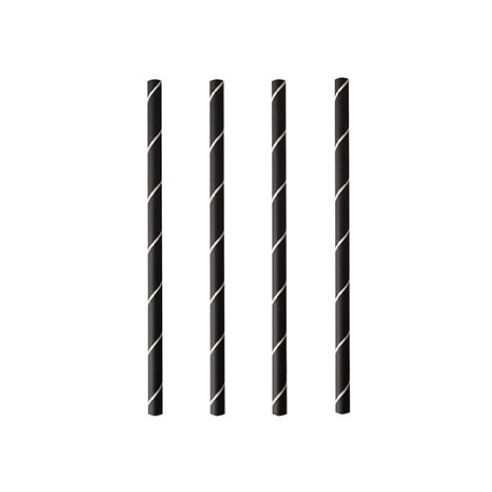 Quatre PAPSTAR pailles à cocktail 7 mm, noir/blanc "Stripes", 15 cm (250 pièces) de la société PAPSTAR GmbH sont disposées verticalement sur un fond blanc, mettant en valeur ces pailles en papier élégantes et respectueuses de l'environnement.