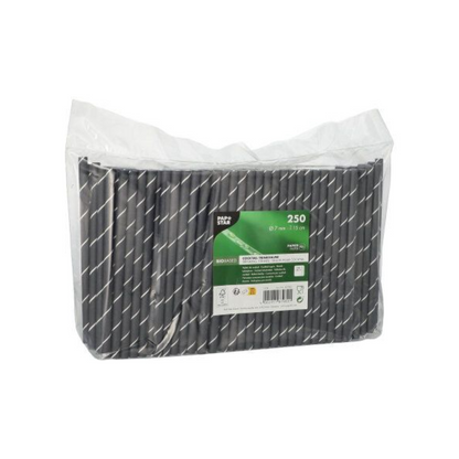 Un emballage en plastique transparent contenant 250 pailles à cocktail PAPSTAR GmbH, 7 mm x 15 cm, avec un motif rayé noir/blanc. Un étiquette produit vert-blanc de PAPSTAR est visible à l'avant.
