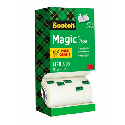 Une boîte verte de Scotch® Magic™ Ruban Invisible de 3M (pack avantage : 14 rouleaux, 19 mm x 33 m, 1 pièce), marquée "12+2 gratuits". L'utilisation du ruban est montrée ; quatre rouleaux sont partiellement visibles à travers une ouverture.