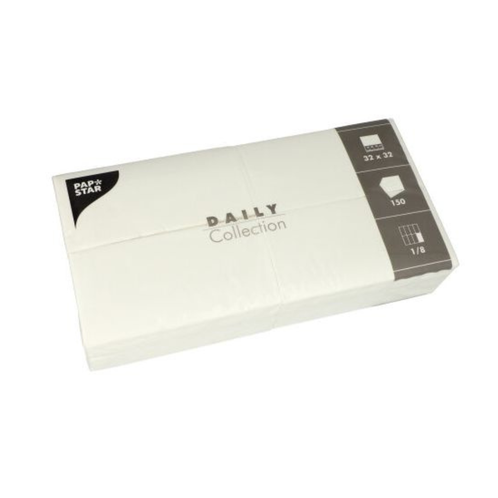 Un paquet blanc de serviettes 'DAILY Collection' de la société PAPSTAR contient 150 serviettes mesurant 32 x 32 cm, idéal pour rehausser votre décoration de table. L'emballage indique que les serviettes sont pliées en huit.