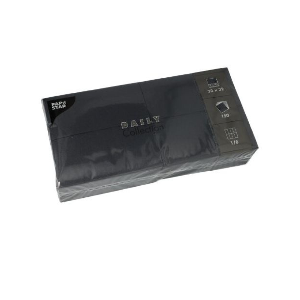 Un paquet chic noir de serviettes PAPSTAR « DAILY Collection » de PAPSTAR GmbH est parfait pour votre décoration de table. Avec 150 serviettes au format pratique 32 x 32 cm et un pliage élégant 1/8, elles offrent à la fois style et confort durable pour chaque occasion.