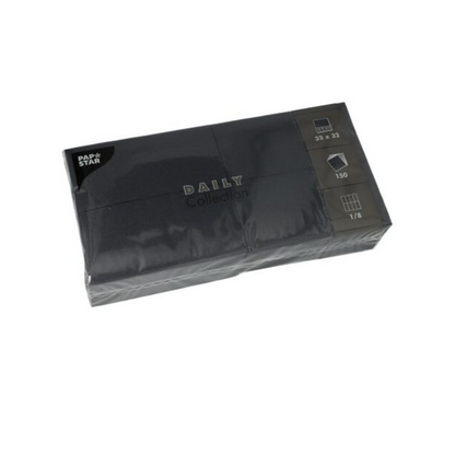 Un paquet chic noir de serviettes PAPSTAR « DAILY Collection » de PAPSTAR GmbH est parfait pour votre décoration de table. Avec 150 serviettes au format pratique 32 x 32 cm et un pliage élégant 1/8, elles offrent à la fois style et confort durable pour chaque occasion.
