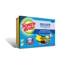 Eine Schachtel Scotch-Brite® Delicate nicht kratzender Griffschwamm von 3M Deutschland GmbH, in blauer und grüner Verpackung mit Produktabbildungen. Jeder gelbe Schwamm hat eine Griffabbildung, ideal für empfindliche Oberflächen.