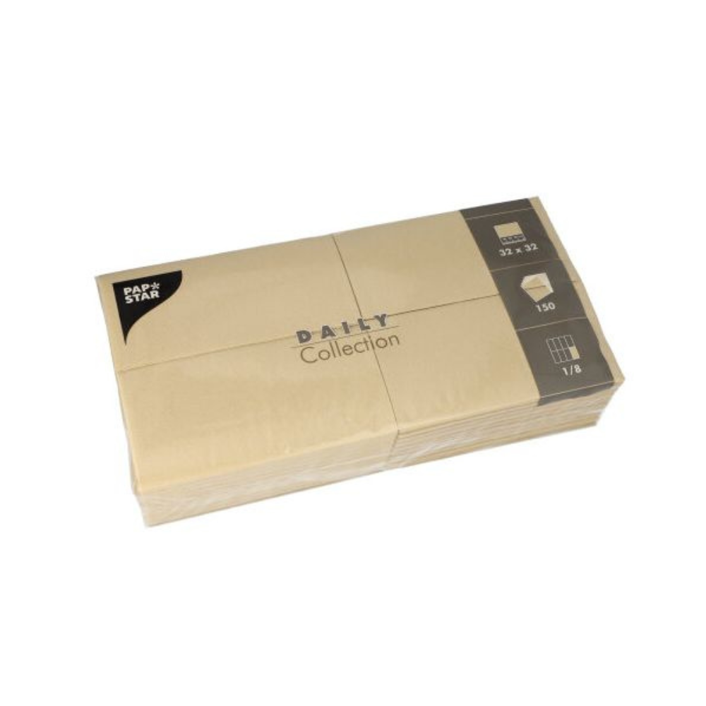 Ein Stapel beige Servietten in einer Verpackung mit der Aufschrift „PAPSTAR Servietten ‚DAILY Collection‘ 1/8-Falz“. Diese Servietten sind perfekt für die Tischdekoration. Sie messen 32 x 32 cm, sind insgesamt 150 Stück groß und achtfach gefaltet und bieten so nachhaltigen Komfort für Ihre Essbedürfnisse.