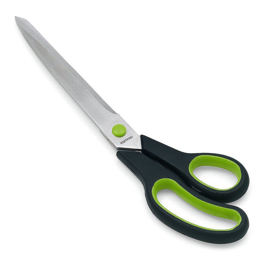 Les ciseaux à tapisserie Nölle Profi Brush 2K11 avec des lames en acier inoxydable et des poignées ergonomiques noir-vert assurent des coupes précises; illustré sur fond blanc. Marque : Nölle Profi Brush Bürsten- & Pinseltechnik e.K.