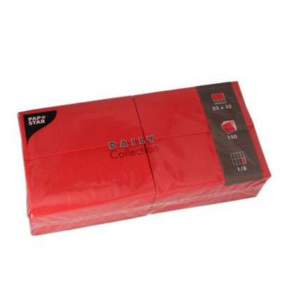 Un paquet rouge de serviettes PAPSTAR « DAILY Collection » de PAPSTAR GmbH assure un confort durable avec 150 serviettes en papier au format 32 x 32 cm, chacune pliée en huit. Idéal pour toute décoration de table.