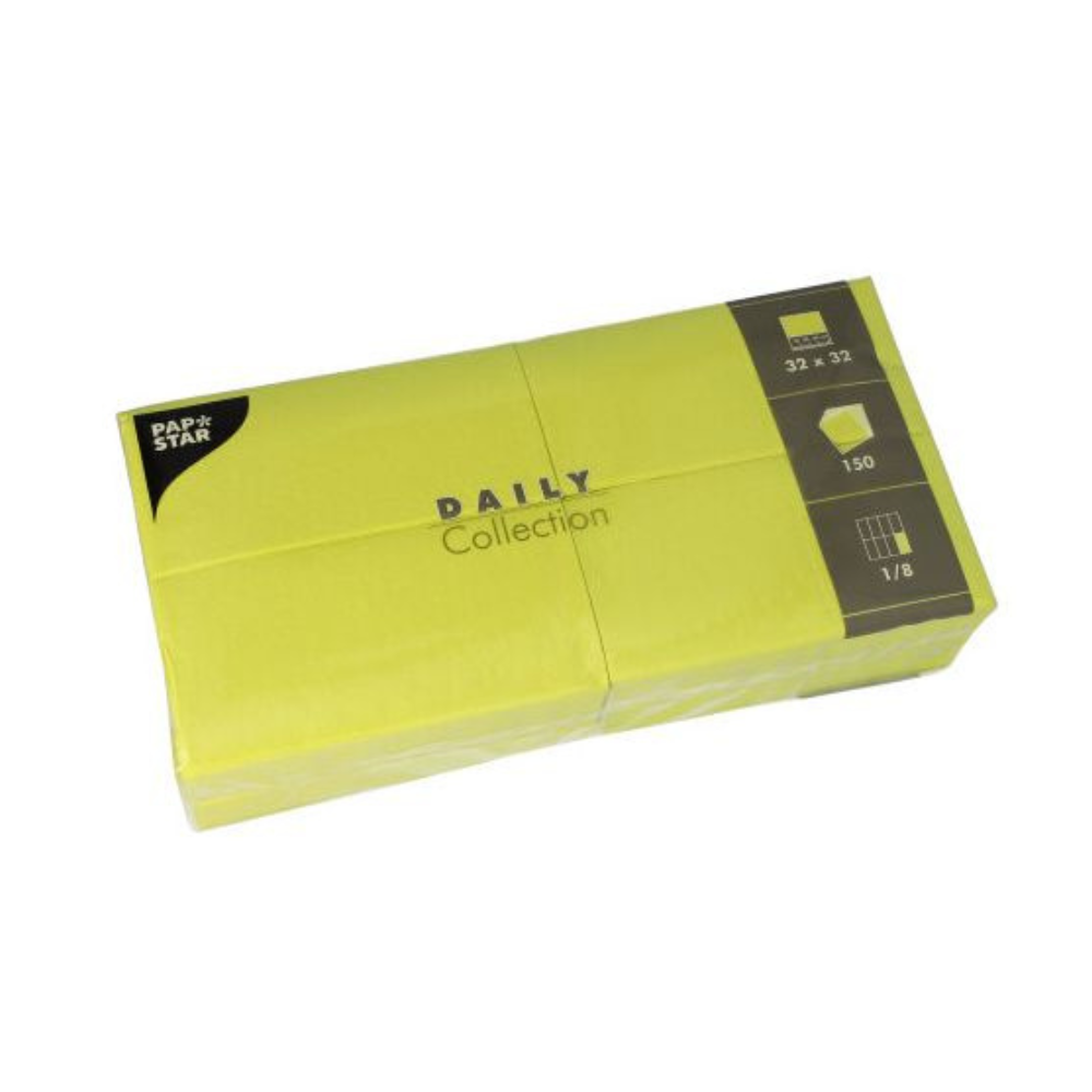 Les serviettes PAPSTAR "DAILY Collection" de la société PAPSTAR comprennent 150 serviettes jaune vif, chacune mesurant 32 x 32 cm et pliée à une taille pratique de 1/8. Ces serviettes sont idéales pour ajouter une touche de couleur à votre décoration de table tout en offrant un confort durable dans chaque détail.