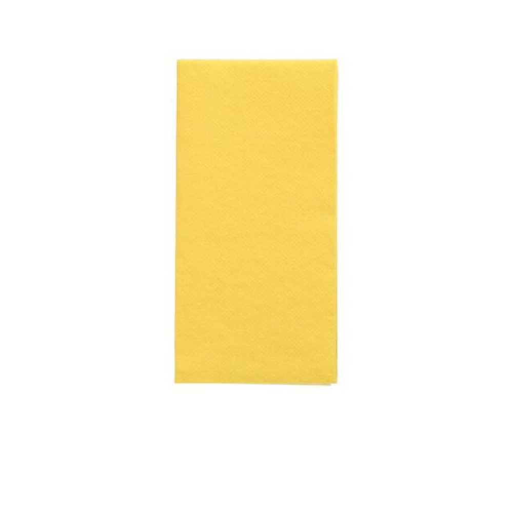 Une seule serviette jaune, proprement pliée, rectangulaire de la collection PAPSTAR 'DAILY Collection' 1/8-Pli 32 cm x 32 cm de la société PAPSTAR est centrée comme une décoration de table sur un fond blanc uni.