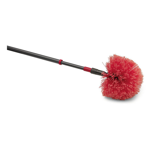 La brosse à poussière Nölle Profi Brush avec tête sphérique et manche télescopique, 170 cm (1 pièce) de Nölle Profi Brush Bürsten- & Pinseltechnik e.K. a une tête de brosse ronde rouge et un manche télescopique noir, illustrée sur fond blanc.