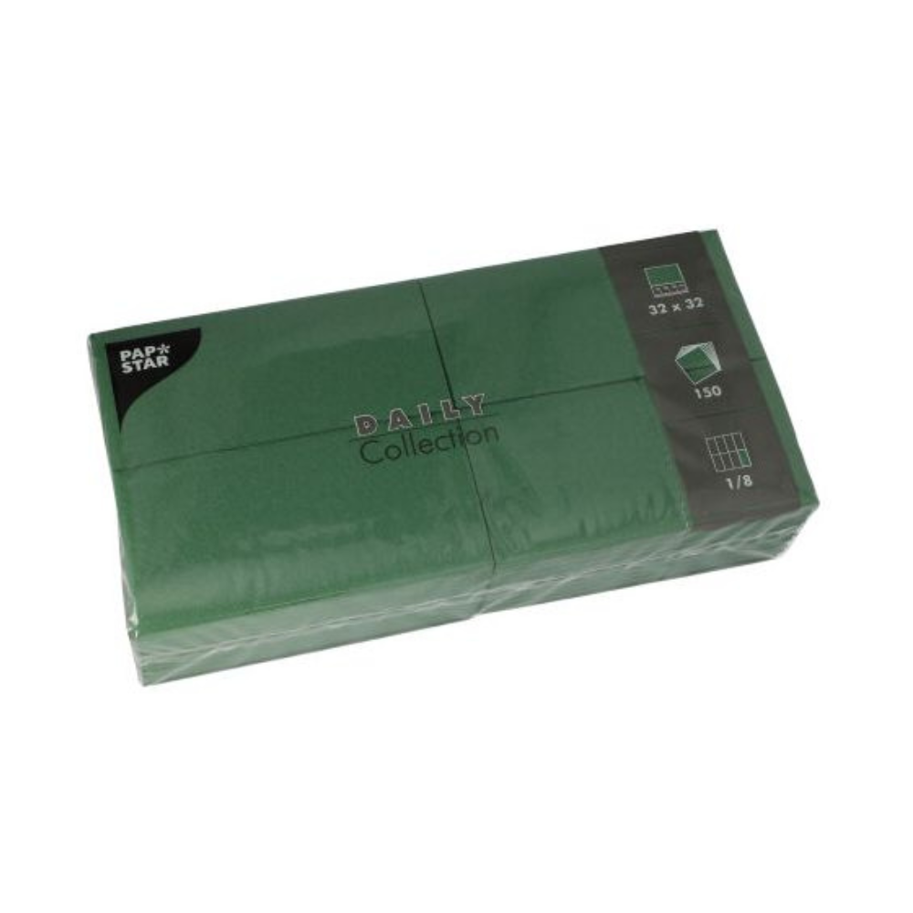 Un ensemble de serviettes PAPSTAR vertes de la « DAILY Collection » de PAPSTAR GmbH, emballées dans du plastique, assure un confort durable. Les serviettes mesurent 32 x 32 cm et sont vendues en paquet de 150 pièces, idéales pour rehausser votre décoration de table.