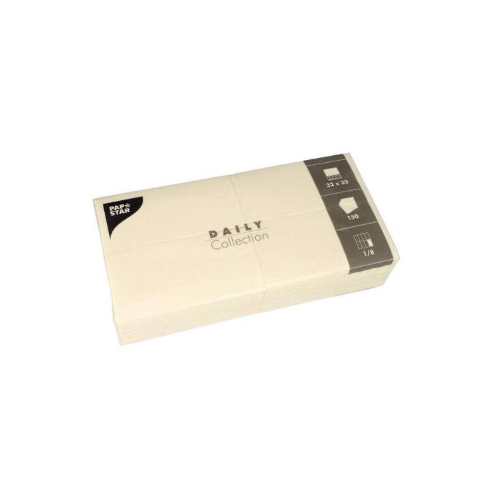 Un paquet de serviettes en papier beige, idéal pour la décoration de table, portant la mention « DAILY Collection » de PAPSTAR GmbH. L'emballage contient des symboles indiquant les dimensions (32 x 32 cm), la quantité (150) et le type de pliage (1/8), vous permettant d'obtenir à la fois des serviettes élégantes et un confort durable pour vos réunions.