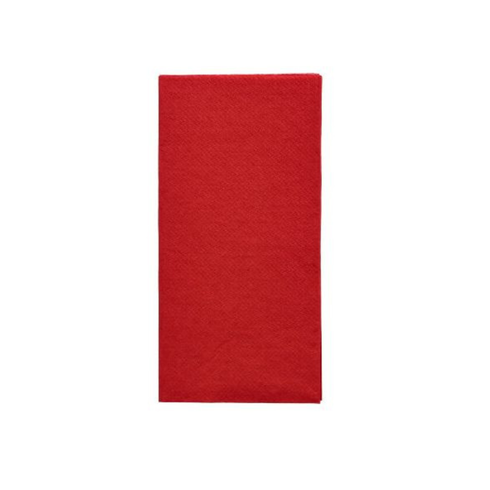 Une serviette PAPSTAR « DAILY Collection » 1/8 pli 32 cm x 32 cm en rouge, proprement pliée, repose sur un fond blanc. Sa structure légèrement visible apporte une touche d'élégance à la décoration de table, tandis que ses bords restent propres et droits.