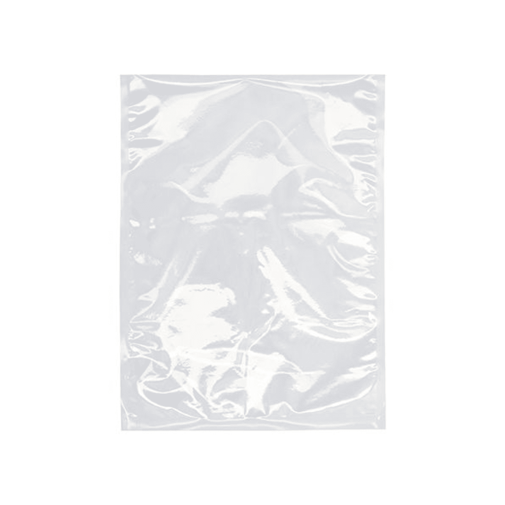 Un sac transparent Starpak 100 à bord scellé de Starpak est représenté devant un fond blanc. Le sac en plastique PA/PE rectangulaire apparaît plat et légèrement froissé, avec des reflets visibles sur sa surface.