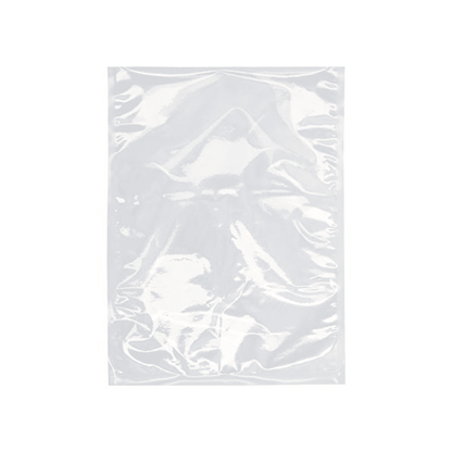 Un sac transparent Starpak 100 à bord scellé de Starpak est représenté devant un fond blanc. Le sac en plastique PA/PE rectangulaire apparaît plat et légèrement froissé, avec des reflets visibles sur sa surface.