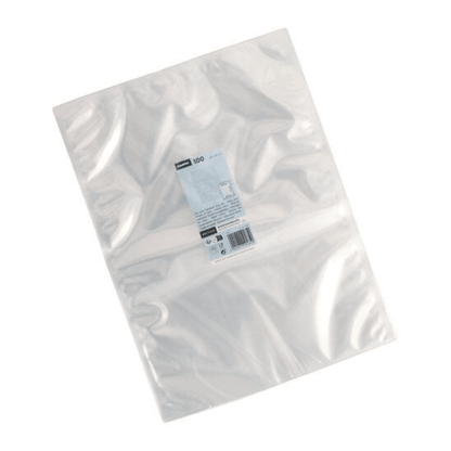 Un paquet de 100 sacs Starpak à bord scellé (PA/PE transparent) est empilé sur un fond blanc. Au centre se trouve une étiquette blanche et bleue avec des informations sur le produit.