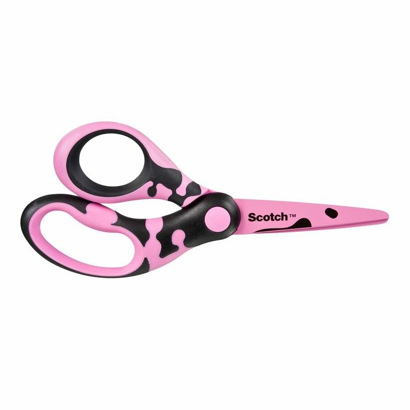 Des ciseaux Scotch™ DECO de 16,5 cm de 3M Deutschland GmbH, disponibles en rose, vert ou bleu, avec des poignées ergonomiques et le logo "Scotch" sur une lame, illustrés sur fond blanc.