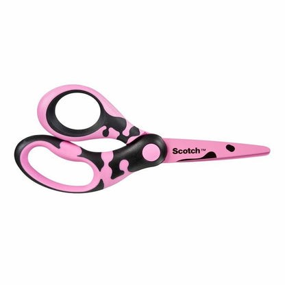 Des ciseaux Scotch™ DECO de 16,5 cm de 3M Deutschland GmbH, disponibles en rose, vert ou bleu, avec des poignées ergonomiques et le logo "Scotch" sur une lame, illustrés sur fond blanc.
