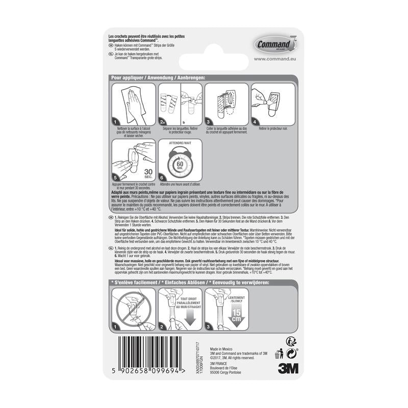 Arrière d'un emballage de crochet mini Command™ 17006 de 3M Deutschland GmbH avec instructions multilingues, diagrammes pour un montage sans outils, utilisation de bandes adhésives, avertissements, détails du produit, code-barres - amovible sans laisser de résidus.