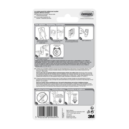 Arrière d'un emballage de crochet mini Command™ 17006 de 3M Deutschland GmbH avec instructions multilingues, diagrammes pour un montage sans outils, utilisation de bandes adhésives, avertissements, détails du produit, code-barres - amovible sans laisser de résidus.