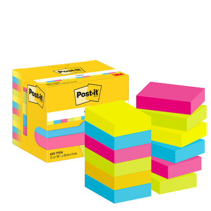 Un paquet de Notes Post-it® de 3M Deutschland GmbH, Energetic Collection, 38x51 mm, 100 feuilles/bloc, 12 blocs/paquet dans une boîte certifiée PEFC - idéal pour l'organisation de bureau dans des couleurs vives et avec la marque.