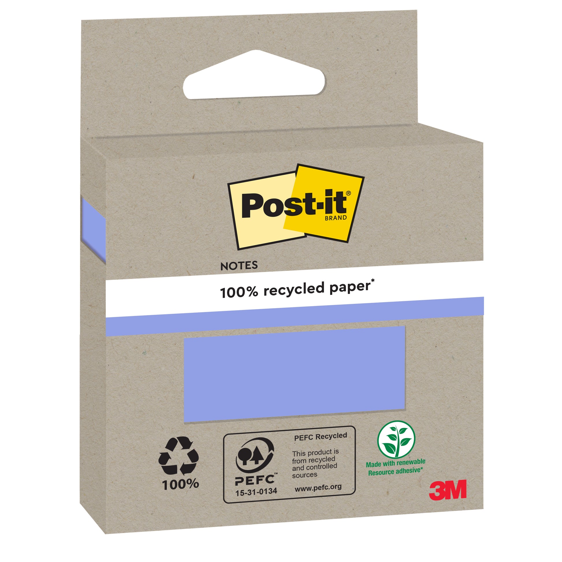 Eine braune Kartonpackung Post-it® Recycling Notes (76x76mm, 100 Blatt, 100% PEFC) der 3M Deutschland GmbH ist mit Öko-Zertifikaten und einem blauen Abschnitt auf der Vorderseite versehen, der die Farbe der Notizen anzeigt.
