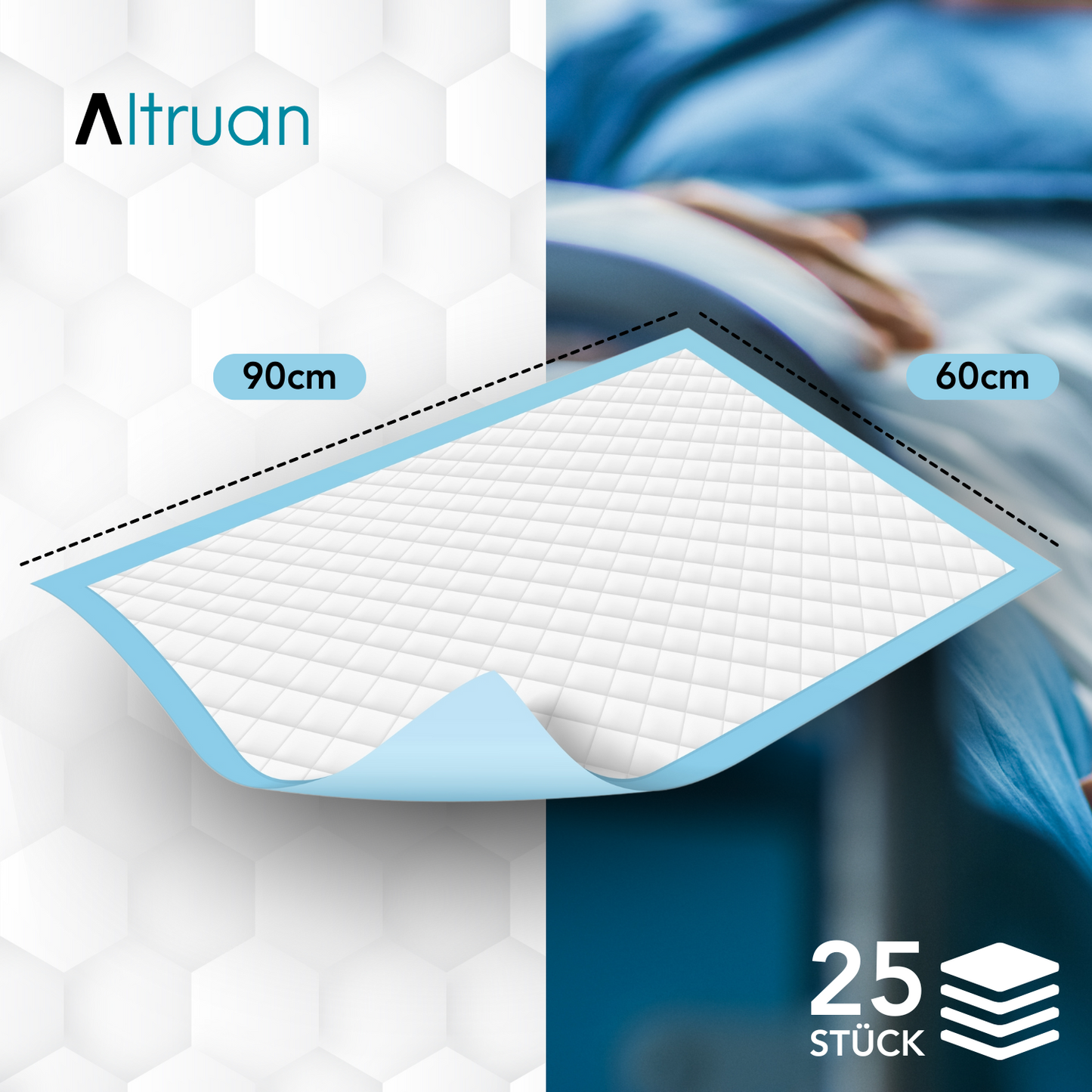 L'image montre un paquet de 25 protections de lit Altruflock® 60 x 90 cm Supersoft Extrêmement Absorbant d'Altruan. En arrière-plan, une personne dans un lit d'hôpital est partiellement visible, avec le focus sur les alèses. Le design est en blanc et bleu.