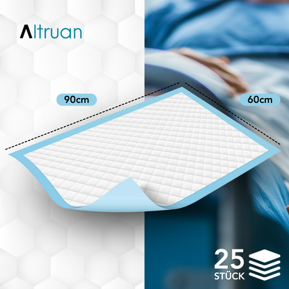 L'image montre un paquet de 25 protections de lit Altruflock® 60 x 90 cm Supersoft Extrêmement Absorbant d'Altruan. En arrière-plan, une personne dans un lit d'hôpital est partiellement visible, avec le focus sur les alèses. Le design est en blanc et bleu.