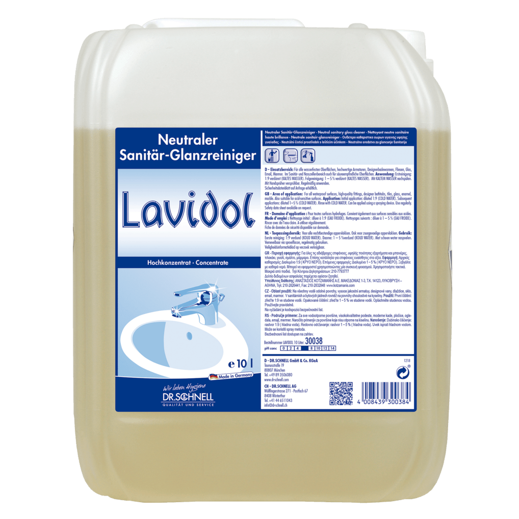 Un conteneur en plastique de 10 litres de Dr. Schnell LAVIDOL nettoyant sanitaire de DR.SCHNELL GmbH & Co. KGaA, avec une étiquette bleu-blanc contenant des informations sur l'utilisation et la marque ainsi qu'une image d'un lavabo avec robinet.