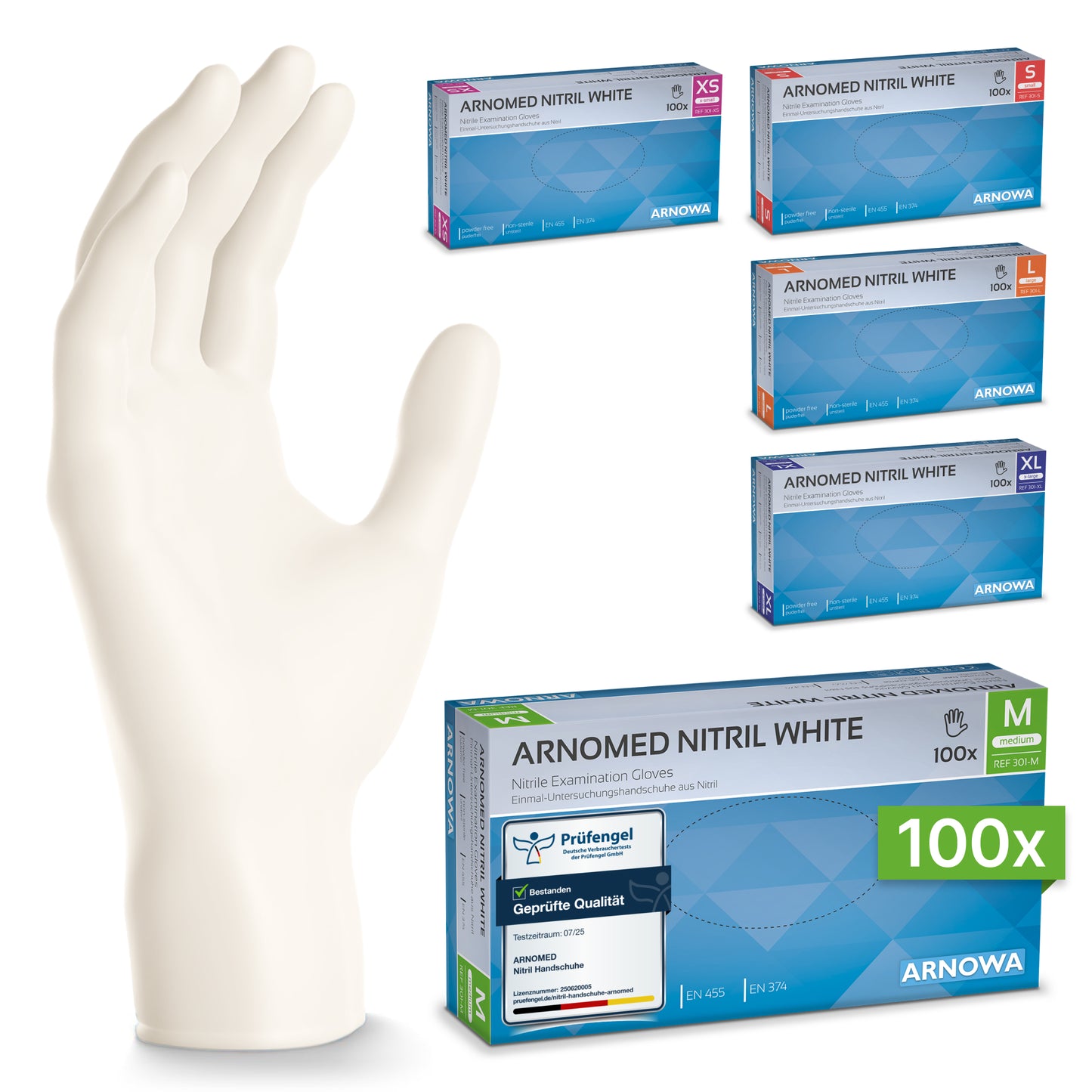 Un gant jetable ARNOMED NITRIL WHITE blanc de ARNOWA GmbH est debout à côté de cinq boîtes (XS-XL) ; la boîte de taille M est devant, étiquetée "100x" avec des informations sur le produit. Les gants sont résistants à la déchirure, sans latex et sans poudre.