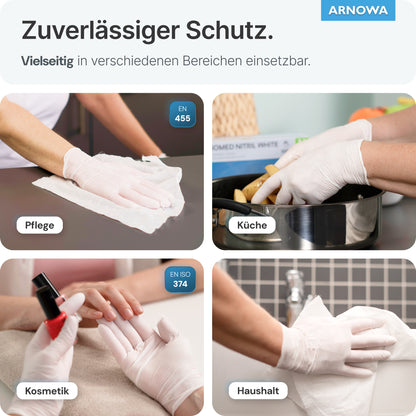 Quatre images montrent des mains portant des gants jetables ARNOMED NITRIL WHITE résistants à la déchirure en nitrile de ARNOWA GmbH dans les domaines des soins, de la cuisine, de la cosmétique et du ménage, avec les utilisations spécifiques mises en évidence par des étiquettes textuelles.