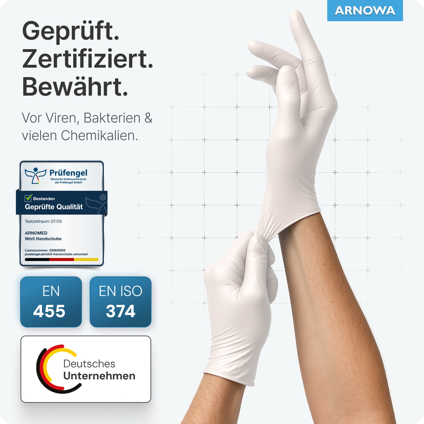 Une personne porte des gants jetables ARNOMED NITRIL WHITE résistants à la déchirure en nitrile blanc de ARNOWA GmbH. Le texte met en avant la protection certifiée contre les virus, les bactéries et les produits chimiques selon EN 455 & EN ISO 374, avec le logo ARNOWA visible dans le coin.