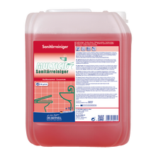 Ein 10-Liter-Kunststoffbehälter von Dr. Schnell MULTICID Sanitärreiniger der DR.SCHNELL GmbH & Co. KGaA, ein rotes Sanitärreinigerkonzentrat mit auf der Vorderseite aufgedruckten Produktetiketten und Anwendungshinweisen.