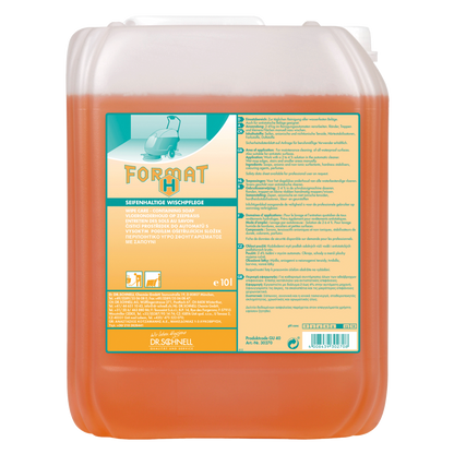 Ein 10-Liter-Behälter aus durchsichtigem Kunststoff mit orangefarbener Flüssigkeit und der Aufschrift "FORMAT HAT" enthält Dr. Schnell FORMAT H Intensivreiniger von DR.SCHNELL GmbH & Co. KGaA, mit Produkt-, Sicherheits- und Anwendungshinweisen in deutscher Sprache für den professionellen Einsatz.