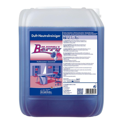 Ein 10-Liter-Behälter von Dr. Schnell DR.SCHNELL'S BERRY von DR.SCHNELL GmbH & Co. KGaA, ein kraftvoller Reiniger mit Beerenduft und blauer Flüssigkeit, mit einem Etikett mit Produktangaben, Anwendungshinweisen und einer Abbildung eines Büroraums.