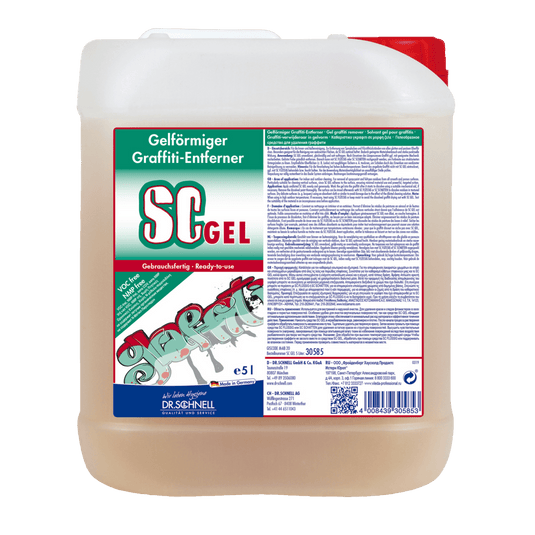 Un bidon de 5 litres Dr. Schnell Le produit anti-graffiti SC GEL de la société DR.SCHNELL GmbH & Co. KGaA est muni d'une étiquette verte et rouge comportant des consignes d'utilisation et une illustration de graffiti — idéal pour éliminer efficacement les graffitis.