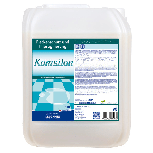 Un bidon de 10 litres de DR.SCHNELL GmbH & Co. KGaA KOMSILON protection anti-taches et imprégnation pour pierres naturelles et artificielles, avec une étiquette bleu-blanc contenant des informations sur le produit et un mode d'emploi en allemand.