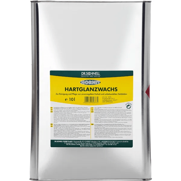 Un conteneur de 10 litres Dr. Schnell de cire brillante HORNIT de DR.SCHNELL GmbH & Co. KGaA, idéal pour le nettoyage professionnel des bâtiments et l'entretien des sols, adapté aux parquets scellés et aux planchers en bois non scellés.