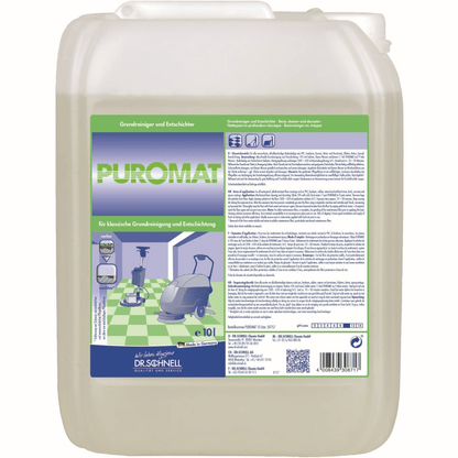 Un conteneur en plastique de 10 litres avec Dr. Schnell PUROMAT nettoyant pour sols et détartrant de DR.SCHNELL GmbH & Co. KGaA, avec des informations sur le produit et des instructions en allemand sur l'étiquette avant, pour des applications de nettoyage professionnelles.